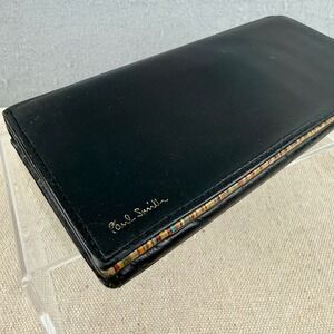 Paul Smith Black Leather Signature Stripe Continental Wallet Long Zip Pouch